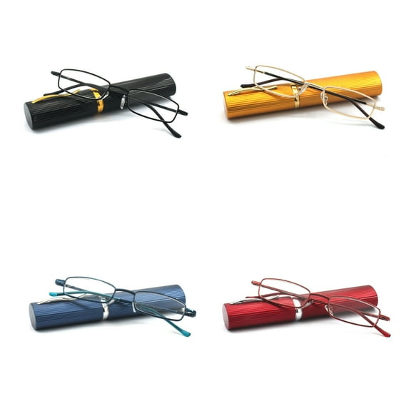EYE ZOOM 4 Pack Compact Slim Metal Reading Glasses with Tube Case for Women, Multi-colored +2.25