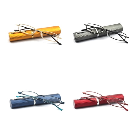 EYE ZOOM 4 Pack Compact Slim Metal Reading Glasses with Tube Case for Women, Multi-colored +2.25