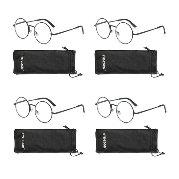 EYE ZOOM 4 Pack Metal Frame Round Reading Glasses with Spring Hinge (Black, +1.00 Strength)