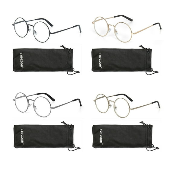 EYE ZOOM 4 Pack Metal Frame Round Reading Glasses with Spring Hinge (Multi Color, +2.00 Strength)