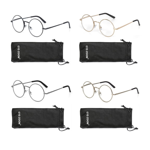 EYE ZOOM 4 Pack Metal Frame Round Reading Glasses with Spring Hinge (Multi Color, +2.25 Strength)