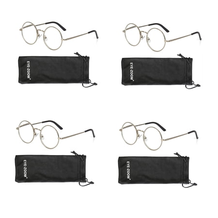 EYE ZOOM 4 Pack Metal Frame Round Reading Glasses with Spring Hinge (Silver, +1.25 Strength)