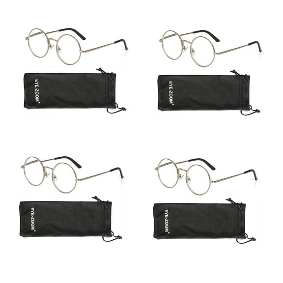 EYE ZOOM 4 Pack Metal Frame Round Reading Glasses with Spring Hinge (Silver, +2.00 Strength)