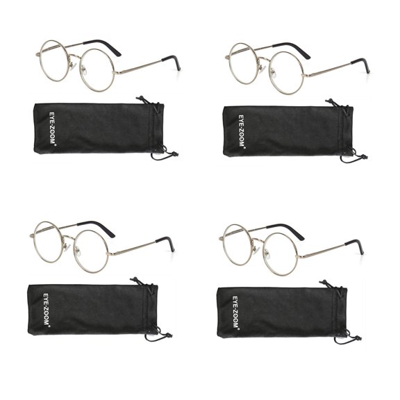EYE ZOOM 4 Pack Metal Frame Round Reading Glasses with Spring Hinge (Silver, +3.00 Strength)