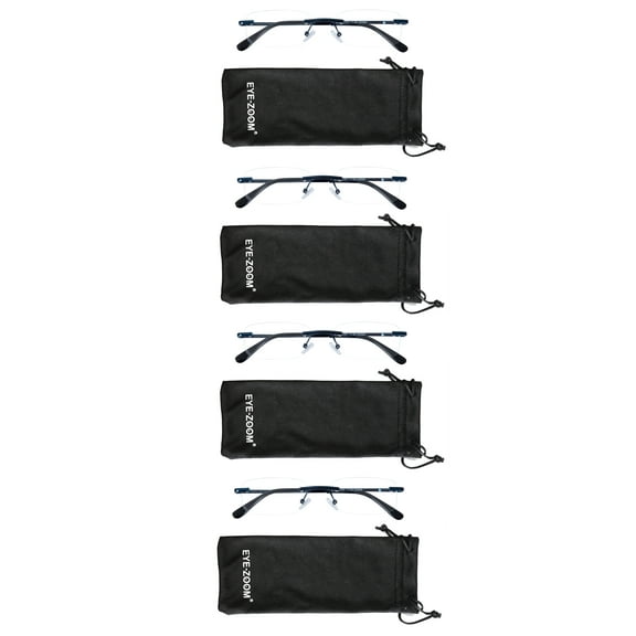 EYE ZOOM 4 Pack Unisex Rimless Metal Frame Reading Glasses with Pouch for Men and Women (Navy Blue+1.50)