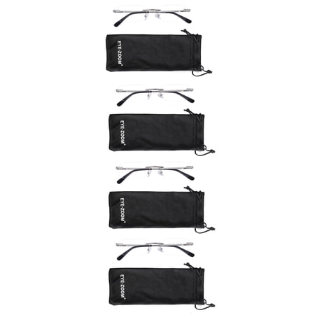 EYE ZOOM 4 Pack Unisex Rimless Metal Frame Reading Glasses with Pouch for Men and Women (Silver +2.25)