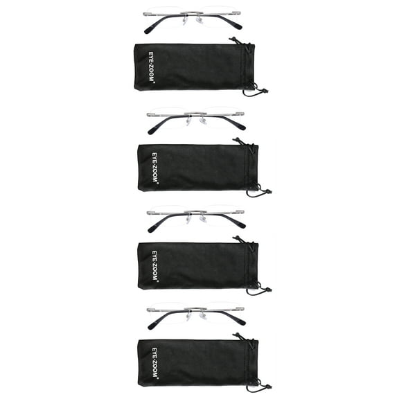 EYE ZOOM 4 Pack Unisex Rimless Metal Frame Reading Glasses with Pouch for Men and Women (Silver +2.50)