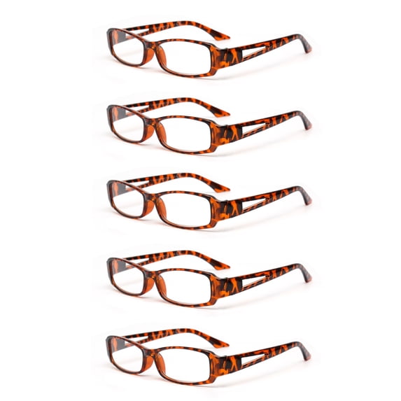 EYE ZOOM 5 Pack Classic Rectangular Plastic Reading Glasses for Men and Women, Tortoise Brown +1.75