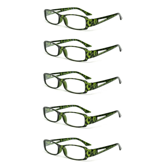 EYE ZOOM 5 Pack Classic Rectangular Plastic Reading Glasses for Men and Women, Tortoise Green +1.00