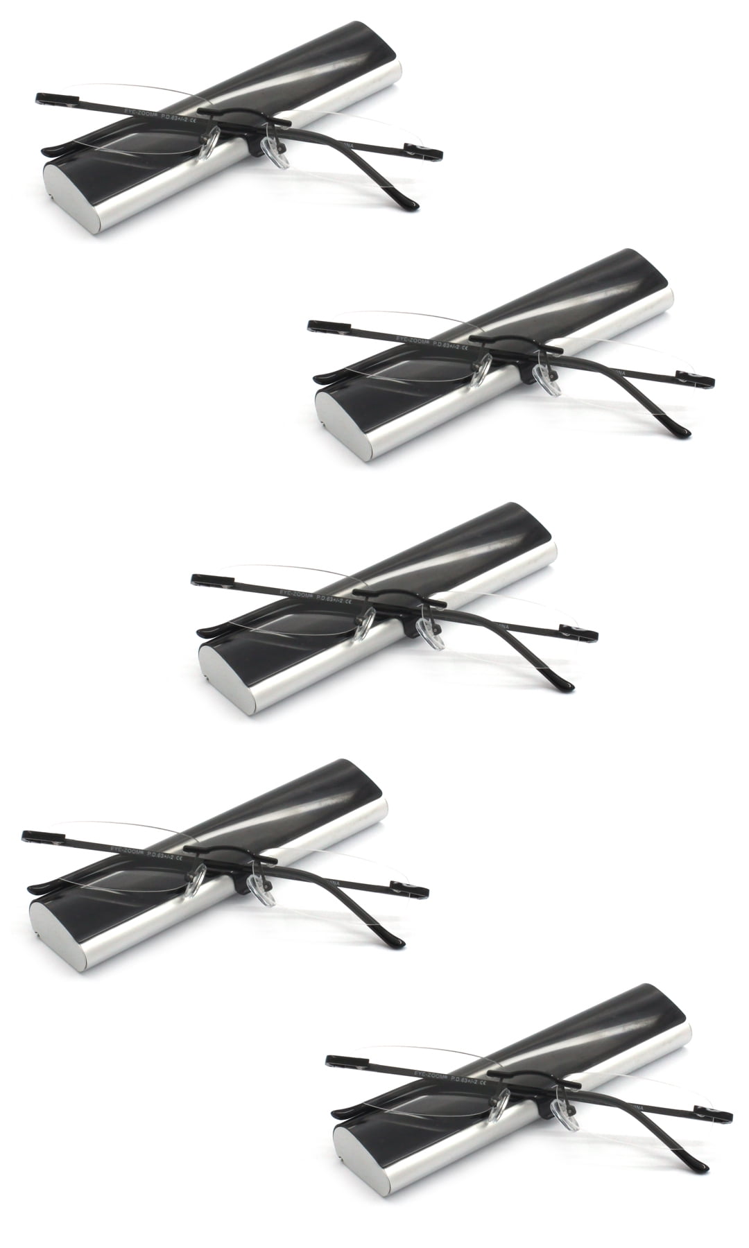 EYE ZOOM 5 Pack Compact Metal Rimless Reading Glasses with Light Slim Case for Men and Women, Black, +3.00