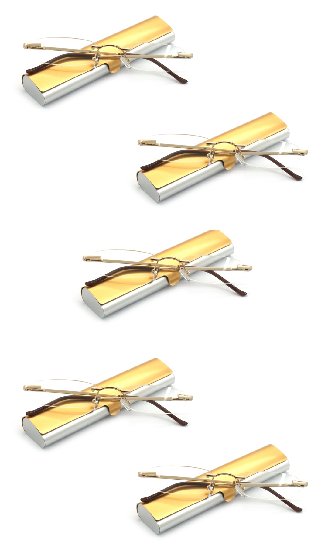 EYE ZOOM 5 Pack Compact Metal Rimless Reading Glasses with Light Slim Case for Men and Women, Gold, +1.50