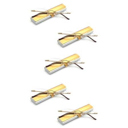 EYE ZOOM 5 Pack Compact Metal Rimless Reading Glasses with Light Slim Case for Men and Women, Gold, +3.00