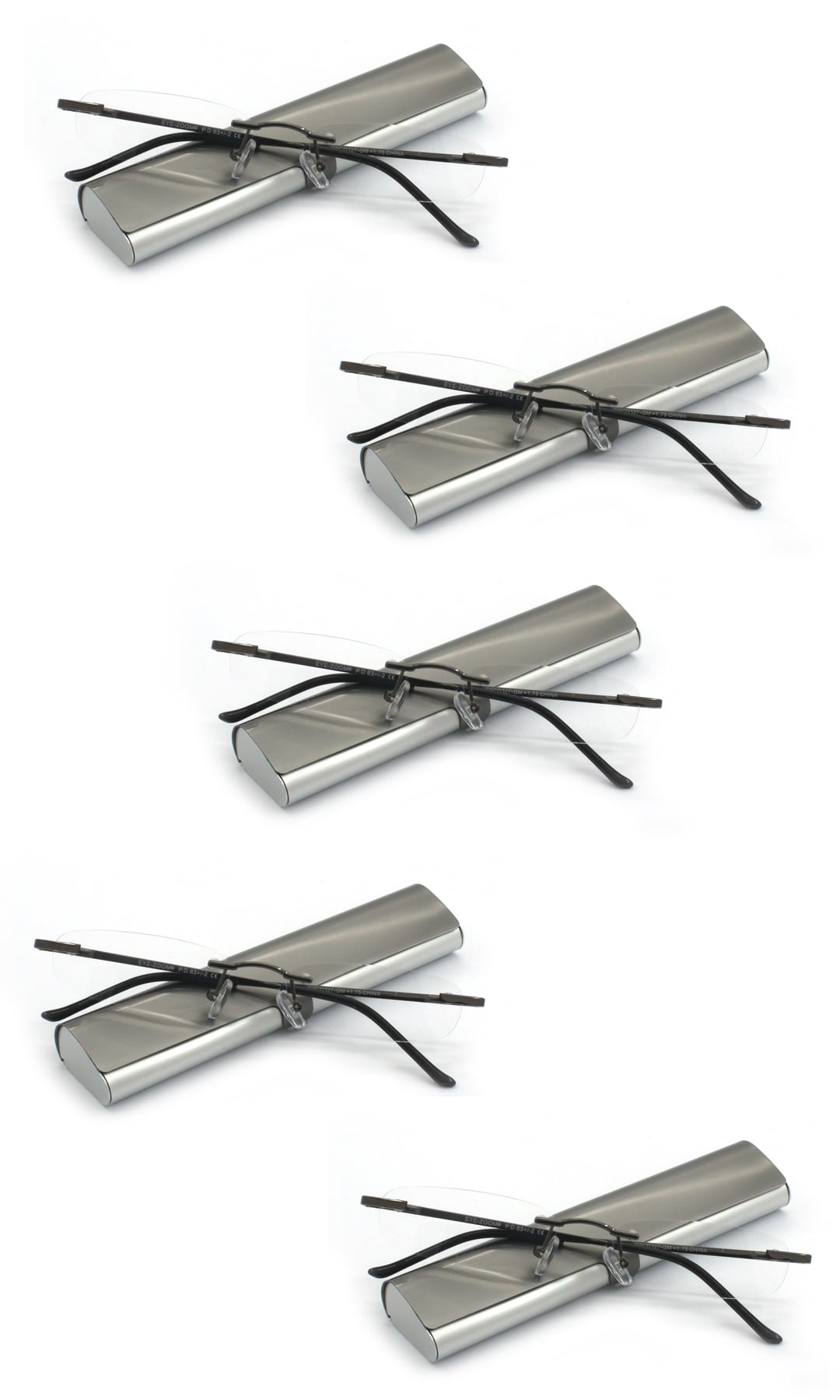 EYE ZOOM 5 Pack Compact Metal Rimless Reading Glasses with Light Slim Case for Men and Women, Gunmetal, +1.25