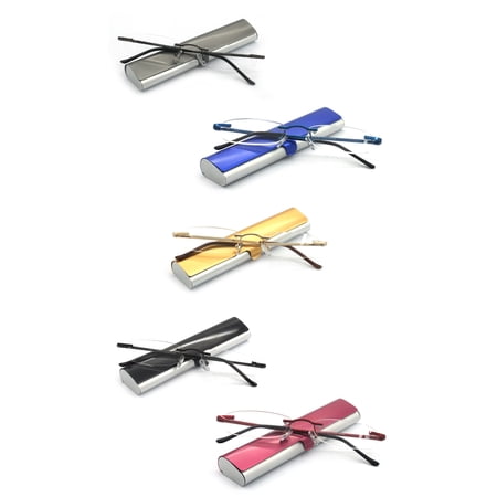 EYE ZOOM 5 Pack Compact Metal Rimless Reading Glasses with Light Slim Case for Men and Women, Multi Color, +1.25