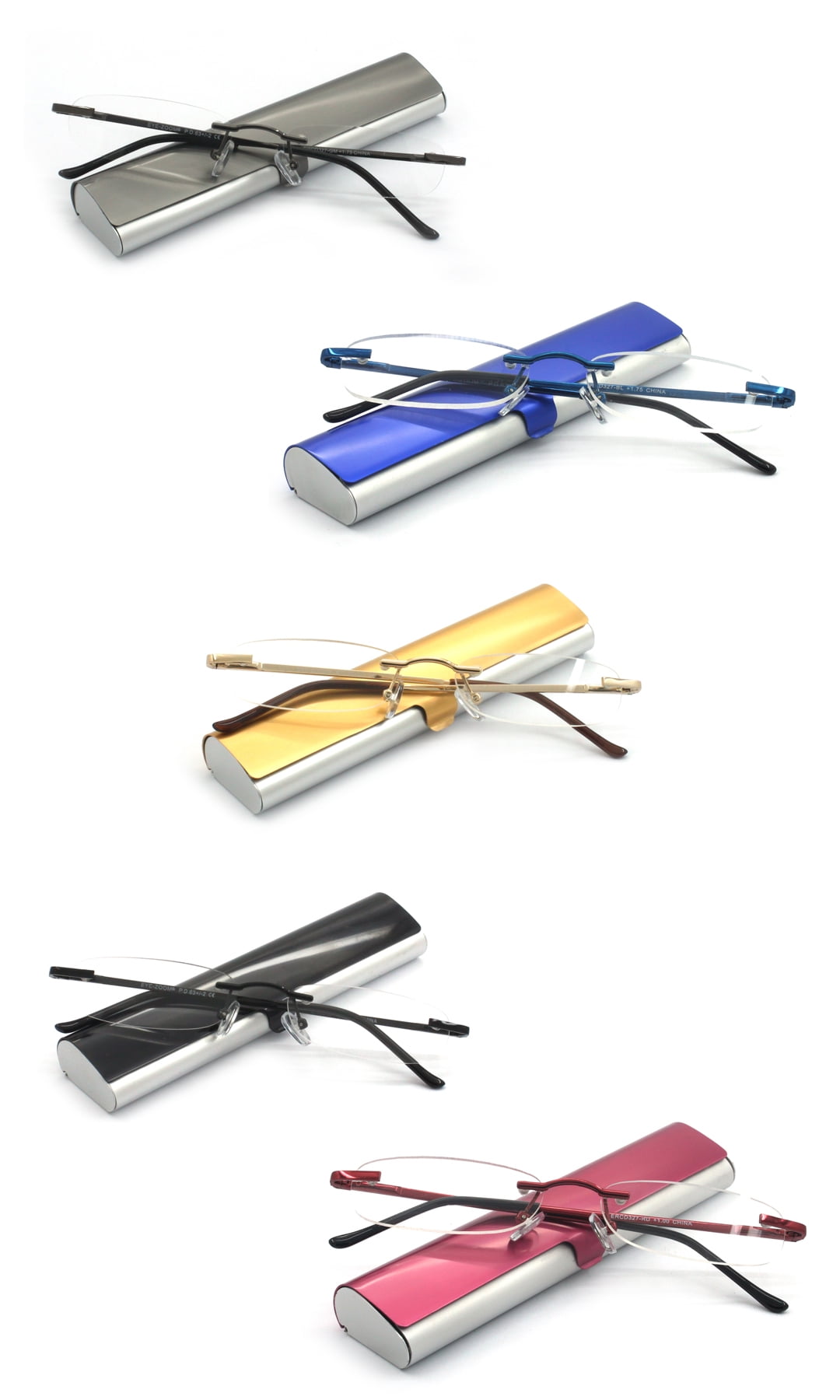 EYE ZOOM 5 Pack Compact Metal Rimless Reading Glasses with Light Slim Case for Men and Women, Multi Color, +2.50