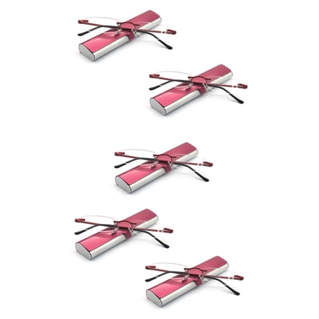 EYE ZOOM 5 Pack Compact Metal Rimless Reading Glasses with Light Slim Case for Men and Women, Wine Red, +1.00