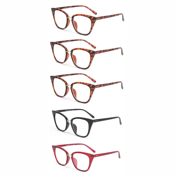 EYE ZOOM 5 Pack Ladies Big Frame Cat Eye Style Reading Glasses for Women, Mul-color +1.50
