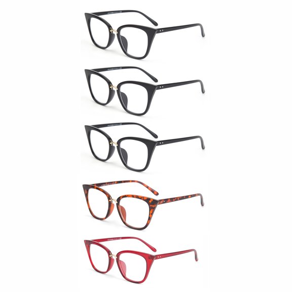 EYE ZOOM 5 Pack Ladies Big Frame Cat Eye Style Reading Glasses for Women, Mul-color +3.00