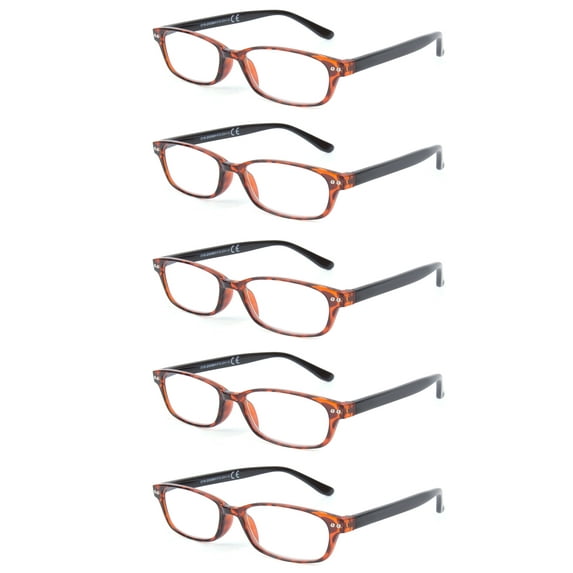 EYE ZOOM 5 Pack Ladies Plastic Fashion Reading Glasses for Women, Tortoise Brown +1.25