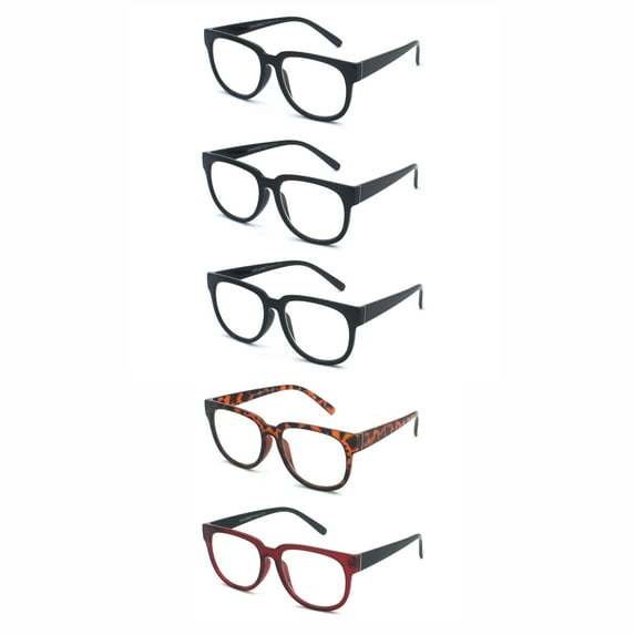 EYE ZOOM 5 Pack Ladies Stylish Plastic Frame Reading Glasses for Women, Mul-Color, Strength: +1.00