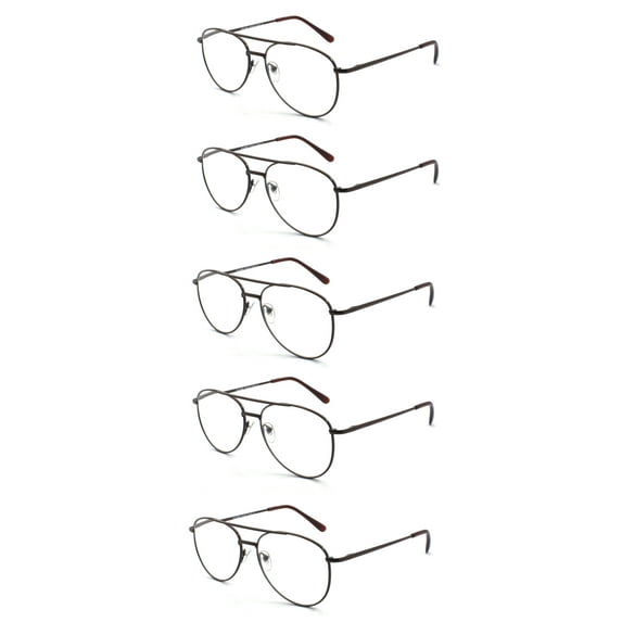 EYE ZOOM 5 Pack Metal Frame Aviator Style Reading Glasses with Spring Hingedd for Men and Women (Brown, Strength: +2.00)