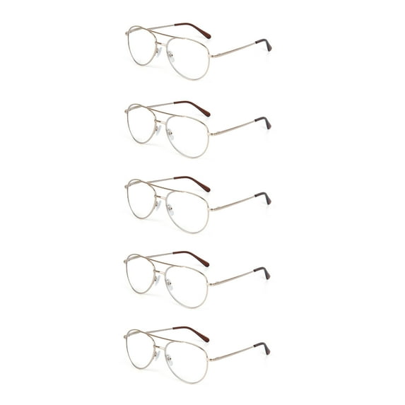 EYE ZOOM 5 Pack Metal Frame Aviator Style Reading Glasses with Spring Hingedd for Men and Women (Gold, Strength: +1.75)