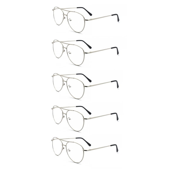 EYE ZOOM 5 Pack Metal Frame Aviator Style Reading Glasses with Spring Hingedd for Men and Women (Silver, Strength: +2.00)
