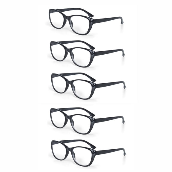 EYE ZOOM 5 Pack Plastic Frame Vintage Cat Eye Style Reading Glasses with Spring Hinge for Women, Black, +2.00