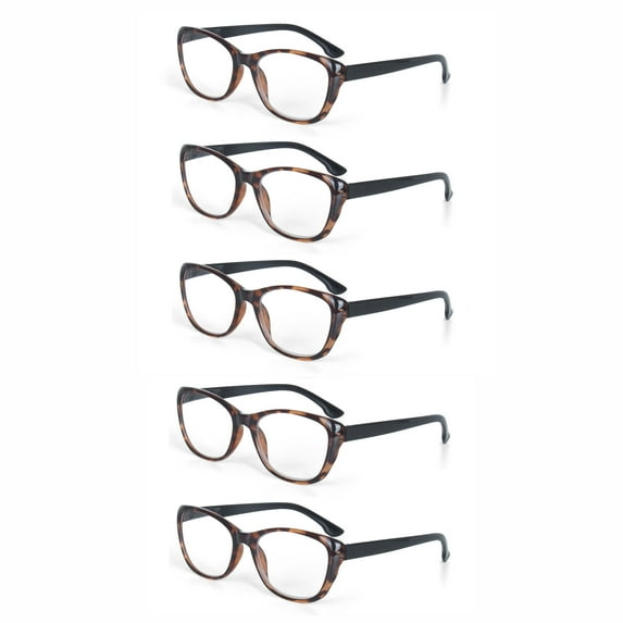 EYE ZOOM 5 Pack Plastic Frame Vintage Cat Eye Style Reading Glasses with Spring Hinge for Women, Brown, +1.25