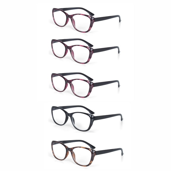 EYE ZOOM 5 Pack Plastic Frame Vintage Cat Eye Style Reading Glasses with Spring Hinge for Women, Mul-color, +1.75