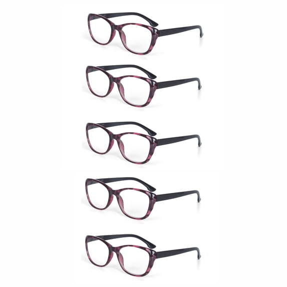 EYE ZOOM 5 Pack Plastic Frame Vintage Cat Eye Style Reading Glasses with Spring Hinge for Women, Purple, +1.25