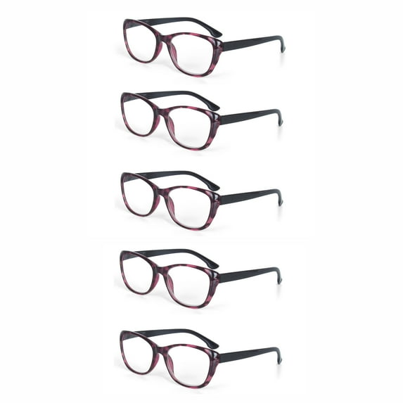 EYE ZOOM 5 Pack Plastic Frame Vintage Cat Eye Style Reading Glasses with Spring Hinge for Women, Purple, +1.50