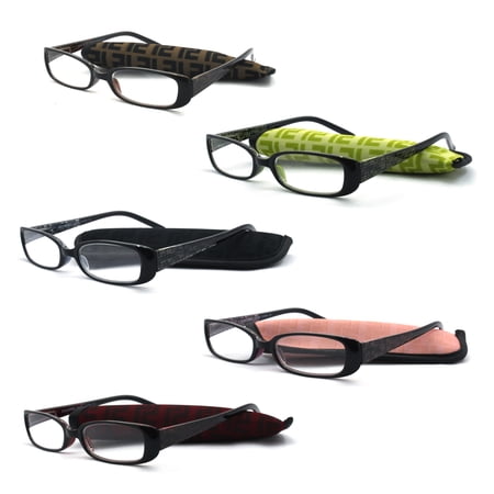 EYE ZOOM 5 Pack Plastic frame Fashion Design Reading Glasses with Pouch for Women (Black, Brown, Green, Pink, and Red, Strength: +1.75)