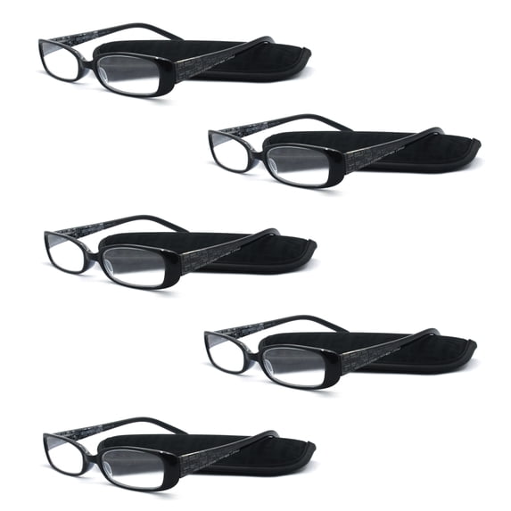 EYE ZOOM 5 Pack Plastic frame Fashion Design Reading Glasses with Pouch for Women (Black, Strength: +1.25)