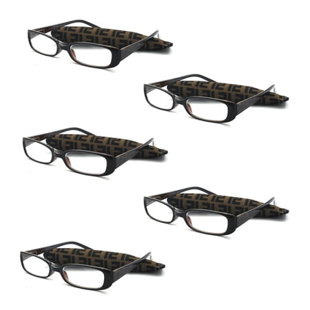 EYE ZOOM 5 Pack Plastic frame Fashion Design Reading Glasses with Pouch for Women (Brown, Strength: +2.00)