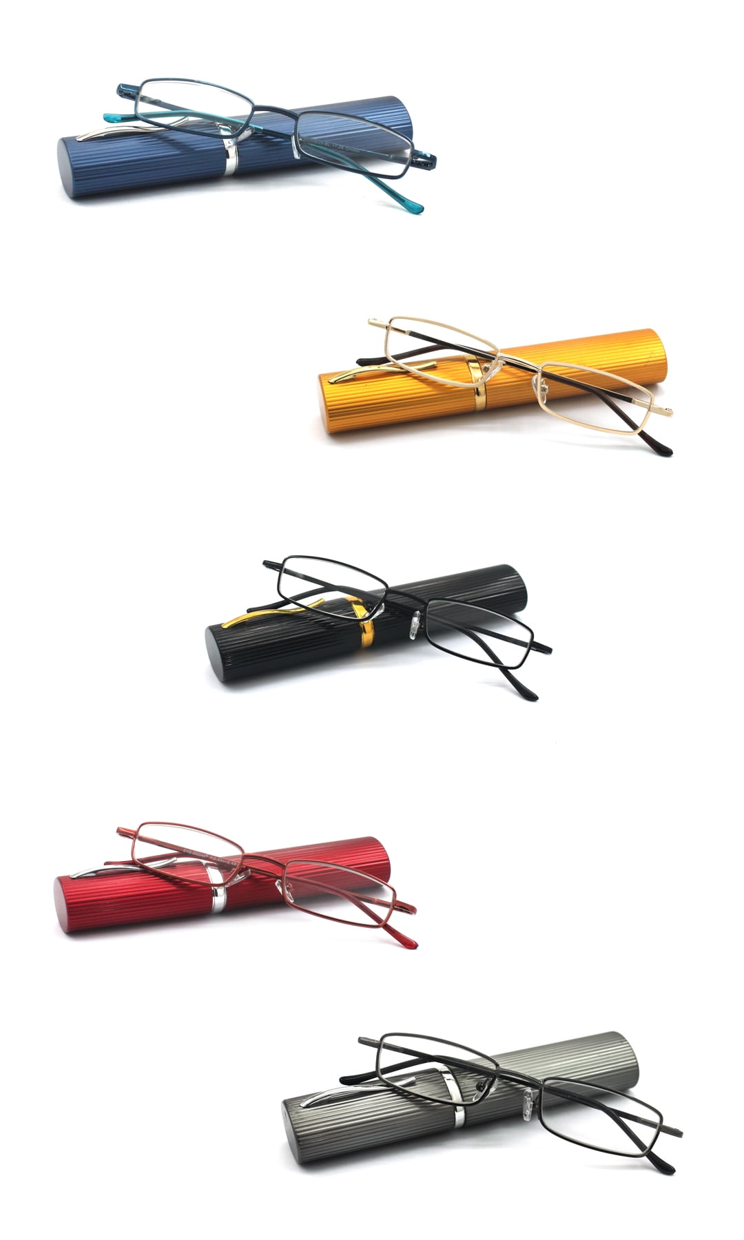 EYE ZOOM 5 Pack Readers Ultra Slim Compact Lightweight Tube Reading Glasses with Portable Clip Aluminum Case for Men and Women,Black, Gold, Gunmetal, Navy Blue, Wine Red 1.0