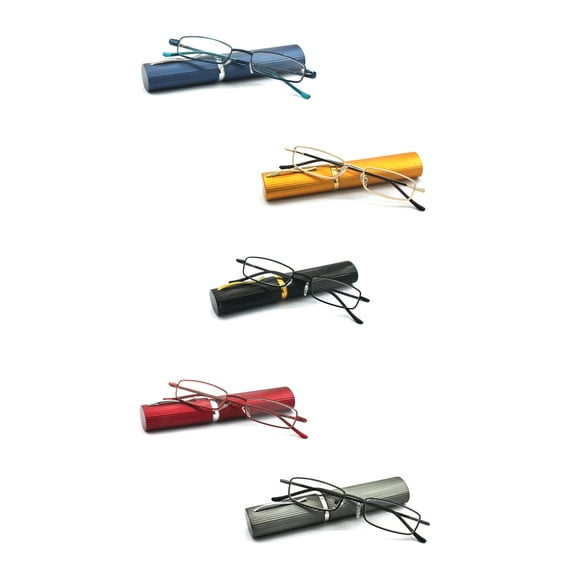 EYE ZOOM 5 Pack Readers Ultra Slim Compact Lightweight Tube Reading Glasses with Portable Clip Aluminum Case for Men and Women,Black, Gold, Gunmetal, Navy Blue, Wine Red 2.0