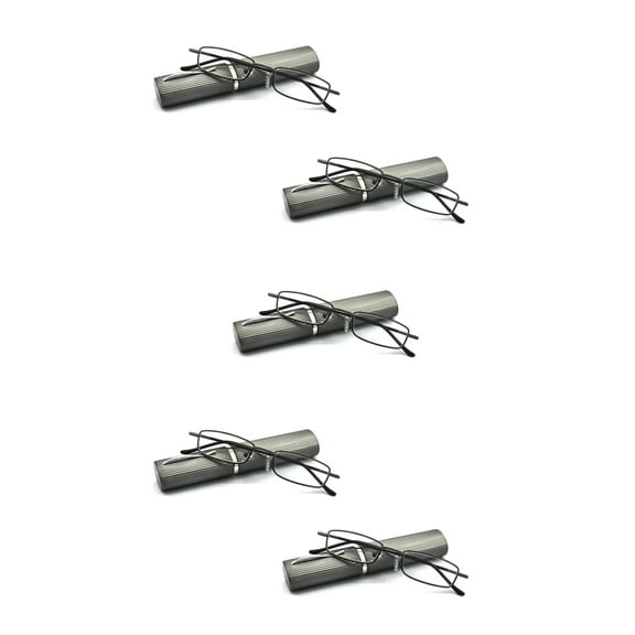 EYE ZOOM 5 Pack Readers Ultra Slim Compact Lightweight Tube Reading Glasses with Portable Clip Aluminum Case for Men and Women, Gunmetal Strength +1.25