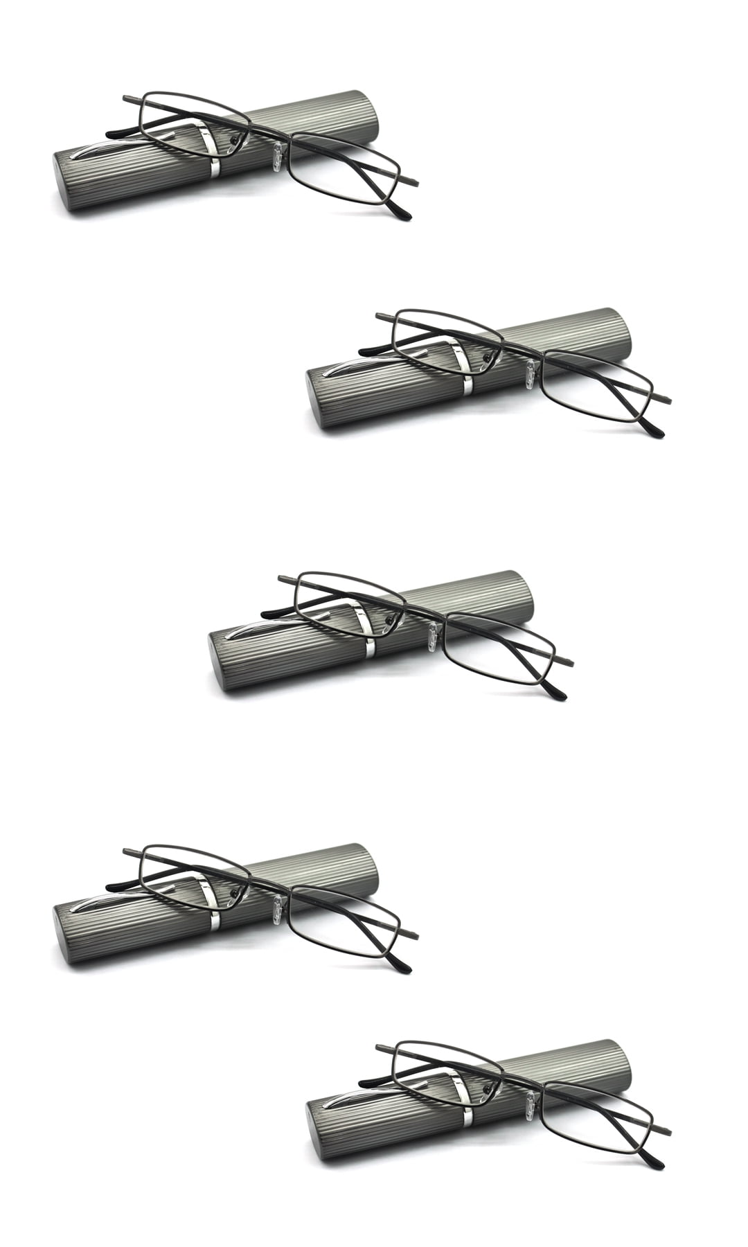 EYE ZOOM 5 Pack Readers Ultra Slim Compact Lightweight Tube Reading Glasses with Portable Clip Aluminum Case for Men and Women, Gunmetal Strength +2.75