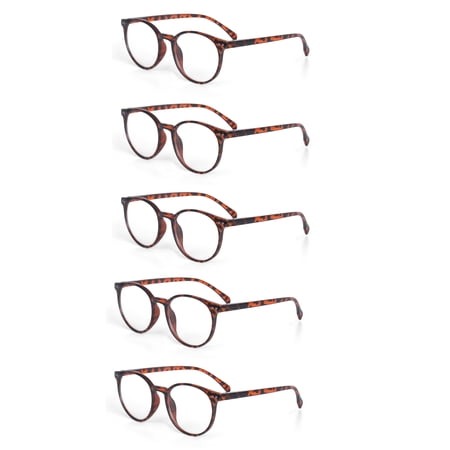EYE ZOOM 5 Pack Retro Round Plastic Frame Reading Glasses for Men and Women, Brown Tortoise, +1.25