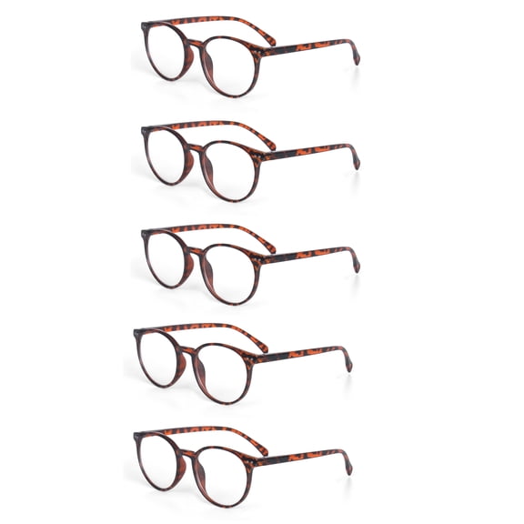EYE ZOOM 5 Pack Retro Round Plastic Frame Reading Glasses for Men and Women, Brown Tortoise, +3.50
