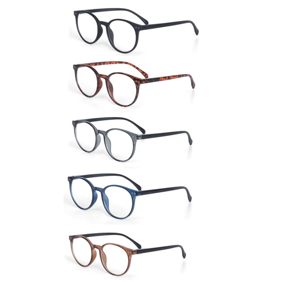 EYE ZOOM 5 Pack Retro Round Plastic Frame Reading Glasses for Men and Women, Multi Color, +2.25