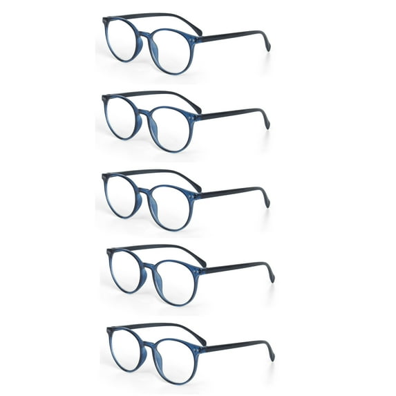 EYE ZOOM 5 Pack Retro Round Plastic Frame Reading Glasses for Men and Women, Navy Blue, +1.00