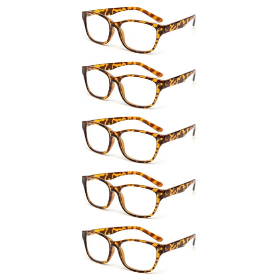 EYE ZOOM 5 Pack Retro Style Plastic Frame Reading Glasses for Men and Women, Amber Tortoise +2.50