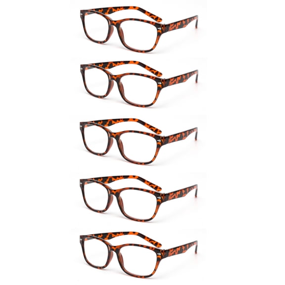 EYE ZOOM 5 Pack Retro Style Plastic Frame Reading Glasses for Men and Women, Brown Tortoise +1.00