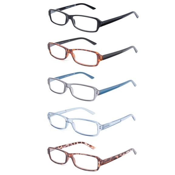 EYE ZOOM 5 Pack Unisex Rectangluar Plastic Frame Reading Glasses for Men and Women, Black, Blue,Gray and Tortoise +2.00