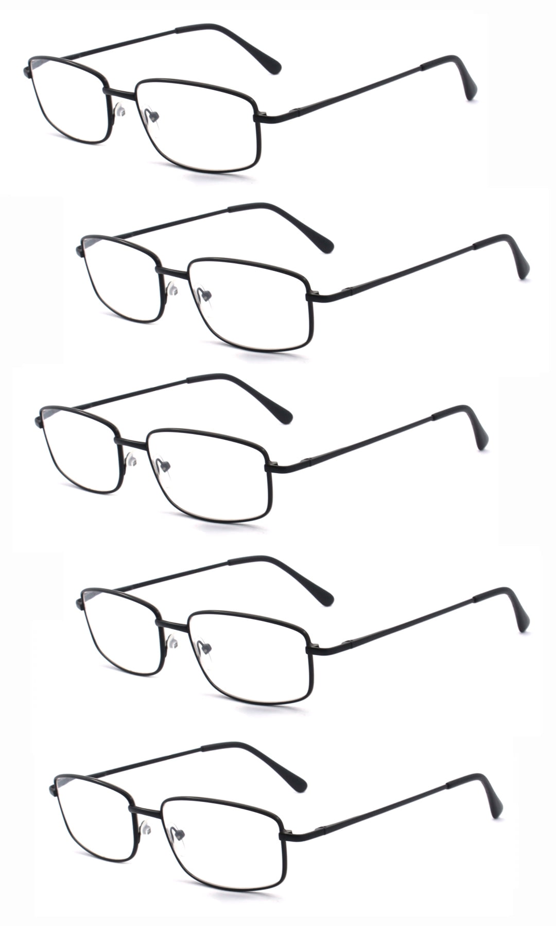 EYE ZOOM 5 Pack Unisex Rectangular Metal Reading Glasses with Spring Hinge, Black, +100