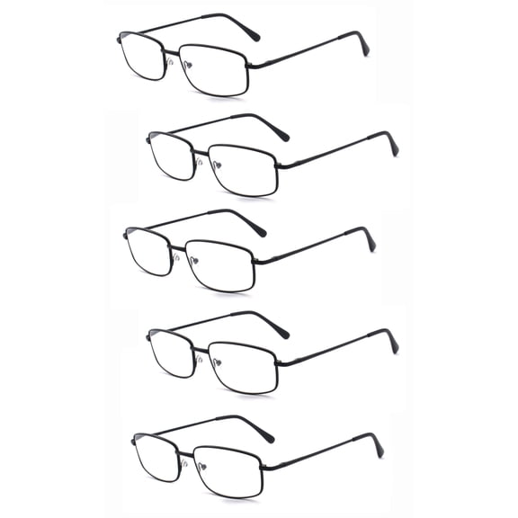EYE ZOOM 5 Pack Unisex Rectangular Metal Reading Glasses with Spring Hinge, Black, +225