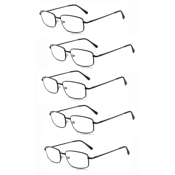 EYE ZOOM 5 Pack Unisex Rectangular Metal Reading Glasses with Spring Hinge, Black, +300