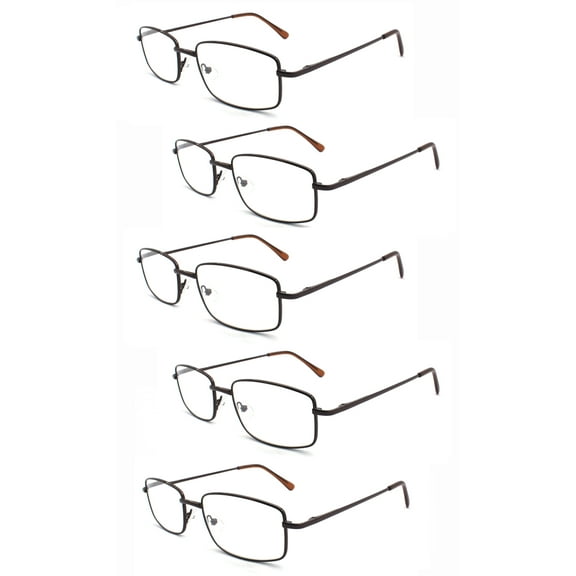 EYE ZOOM 5 Pack Unisex Rectangular Metal Reading Glasses with Spring Hinge, Brown, +100